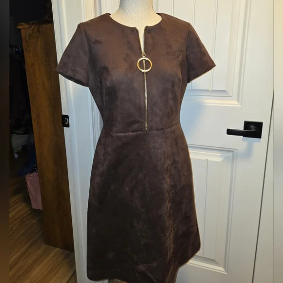 Calvin Klein Faux Suede O Ring A Line Midi Dress Womens Size 6 Chocolate Brown - Picture 1 of 11